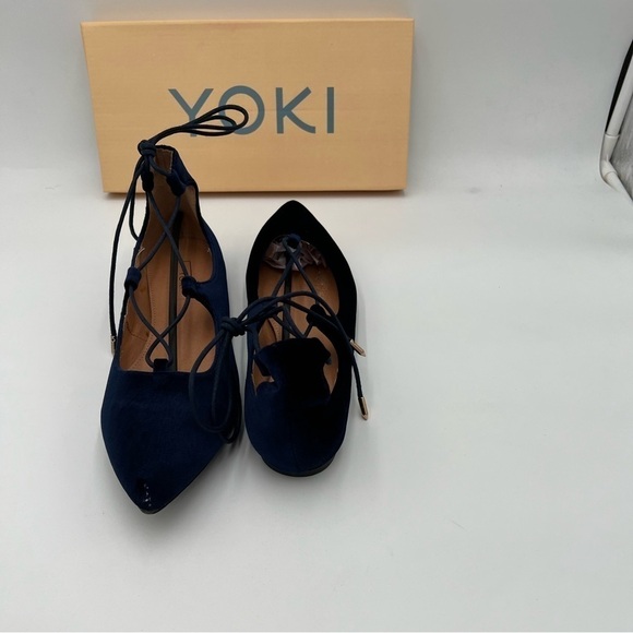New In Box Yoki Women's Navy Blue Velvet Ballerina Ankle Lace Up Flats - Picture 9 of 10